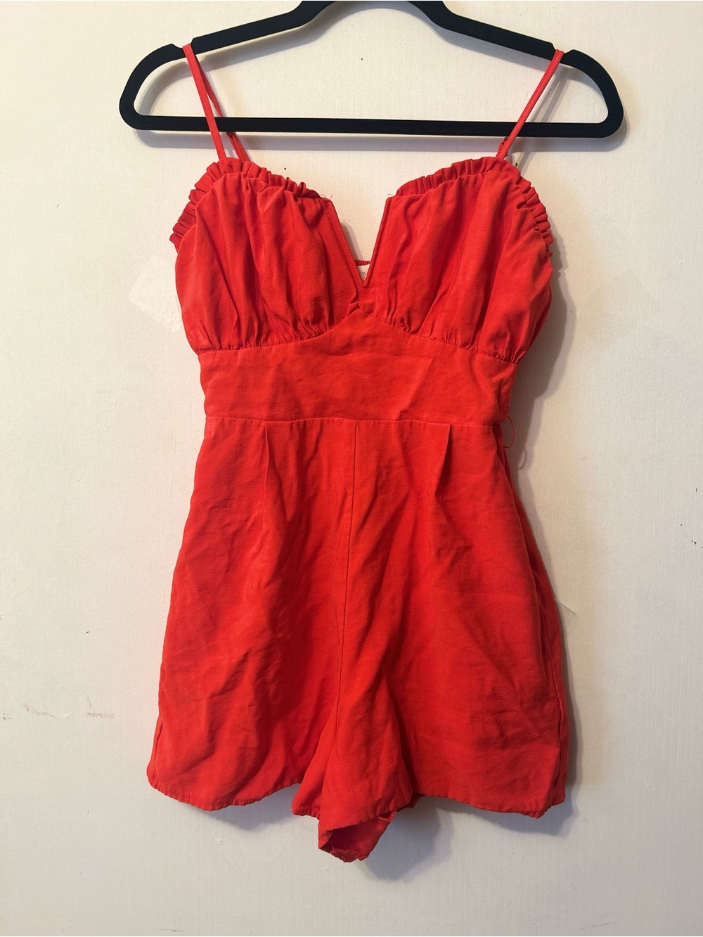 Women's Red V-Neck Romper with Smocked Back & Pockets, Size Small - Picture 2 of 9